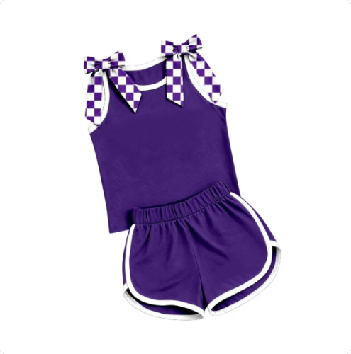 Preorder Baby Girls Purple Checked Bows Sleeveless Top Short Clothes Sets