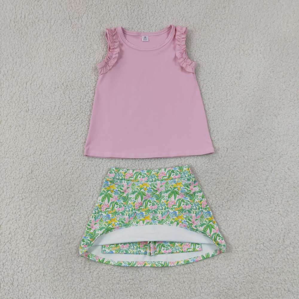 GSD4217 Pink solid with coconut tree  print active girl yoga skirt set