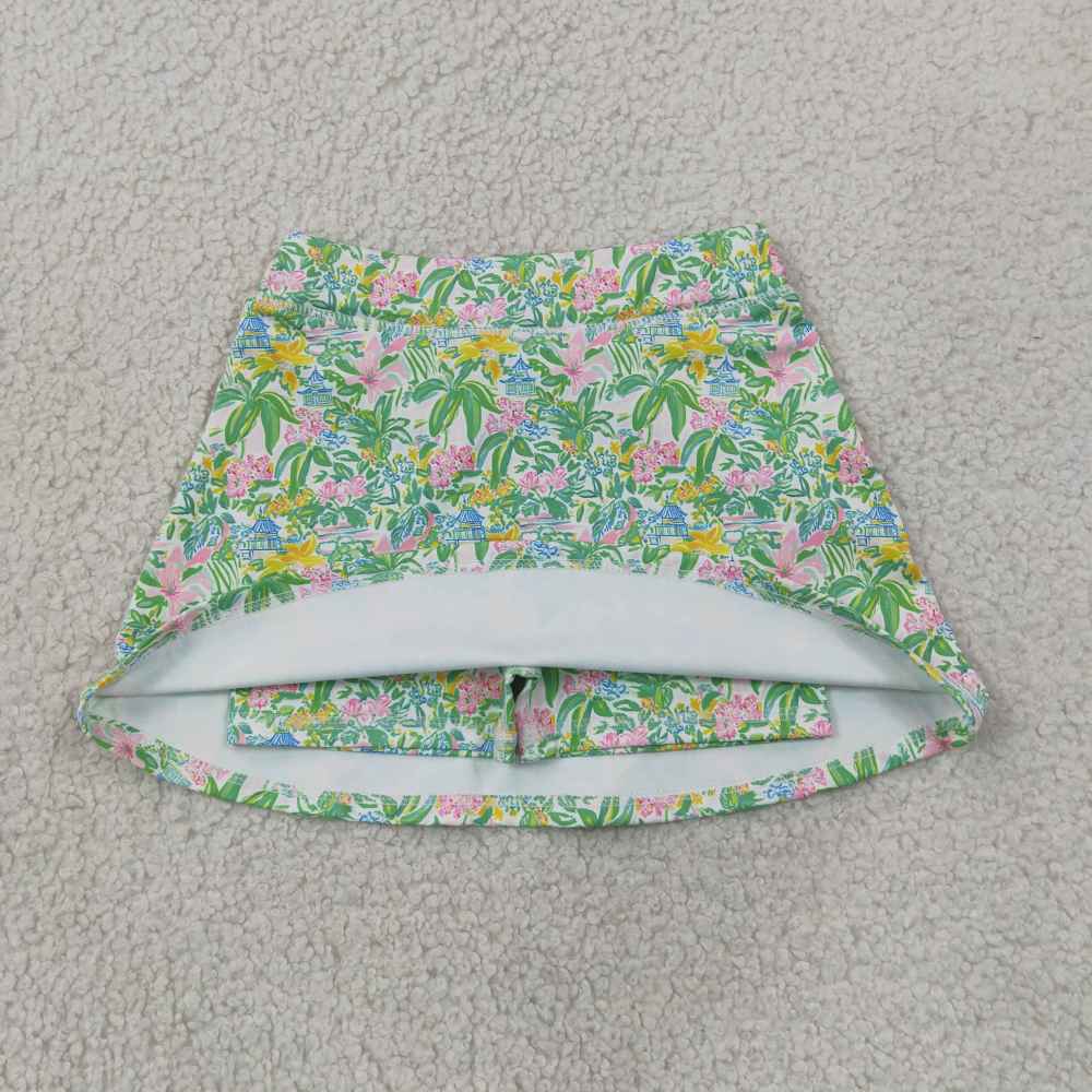 GSD4217 Pink solid with coconut tree  print active girl yoga skirt set