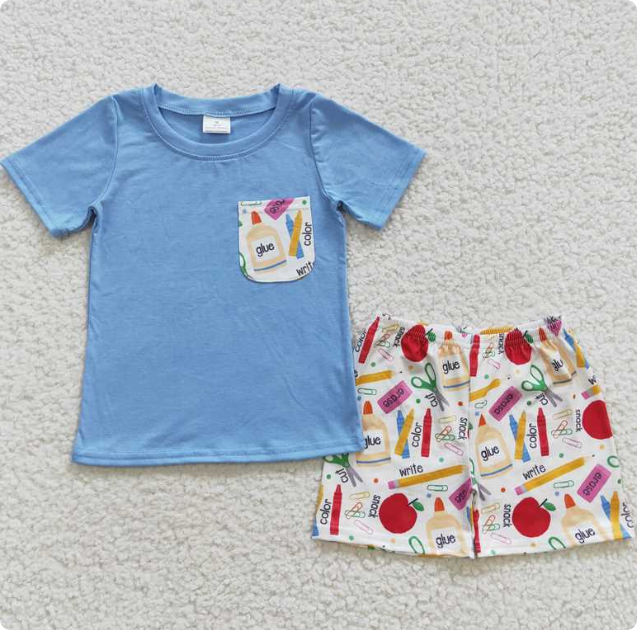 BSSO0278 Pencil, Apple Glue, Blue Pocket Short-Sleeve and Shorts Set