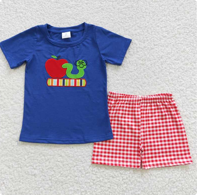 BSSO0254 Boy's Embroidered Back-to-School Apple Caterpillar Blue Short-Sleeve and Shorts Set