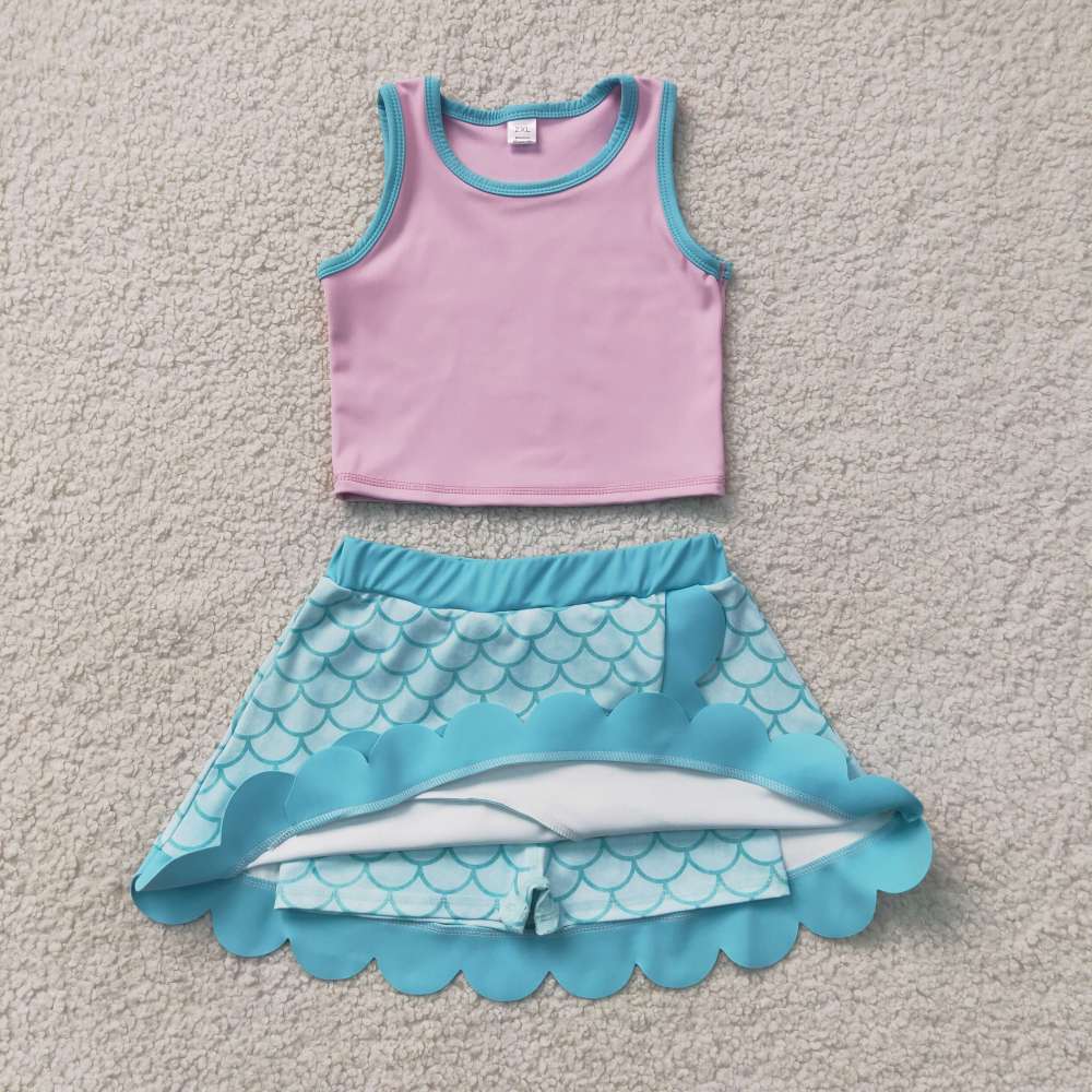 GSD4083 PINK PURPLE blue scale print active girl yoga skirt team scallop dress