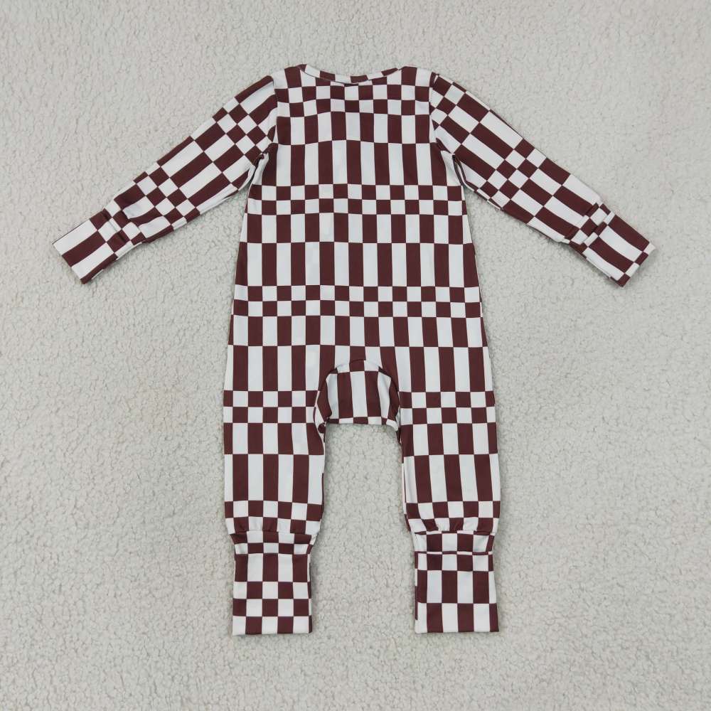 LR3114 Baby brown white plaid  print long sleeve zipper Rompers