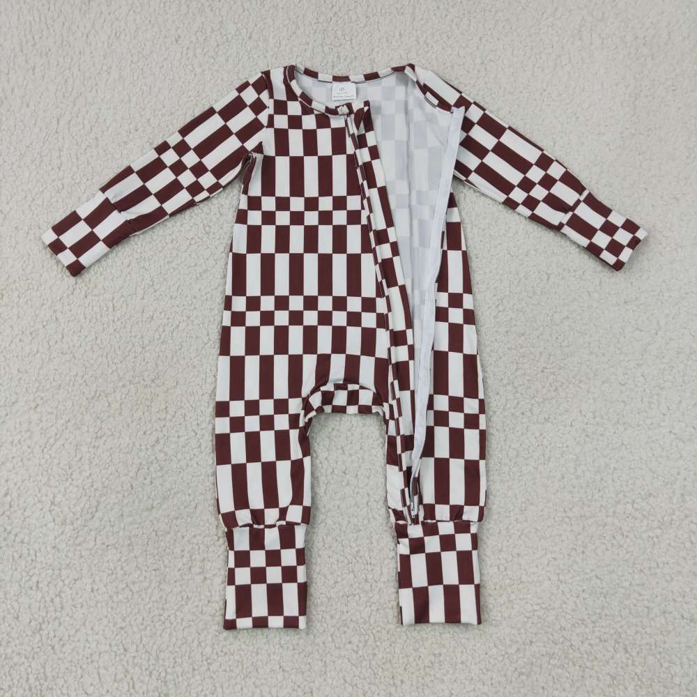 LR3114 Baby brown white plaid  print long sleeve zipper Rompers