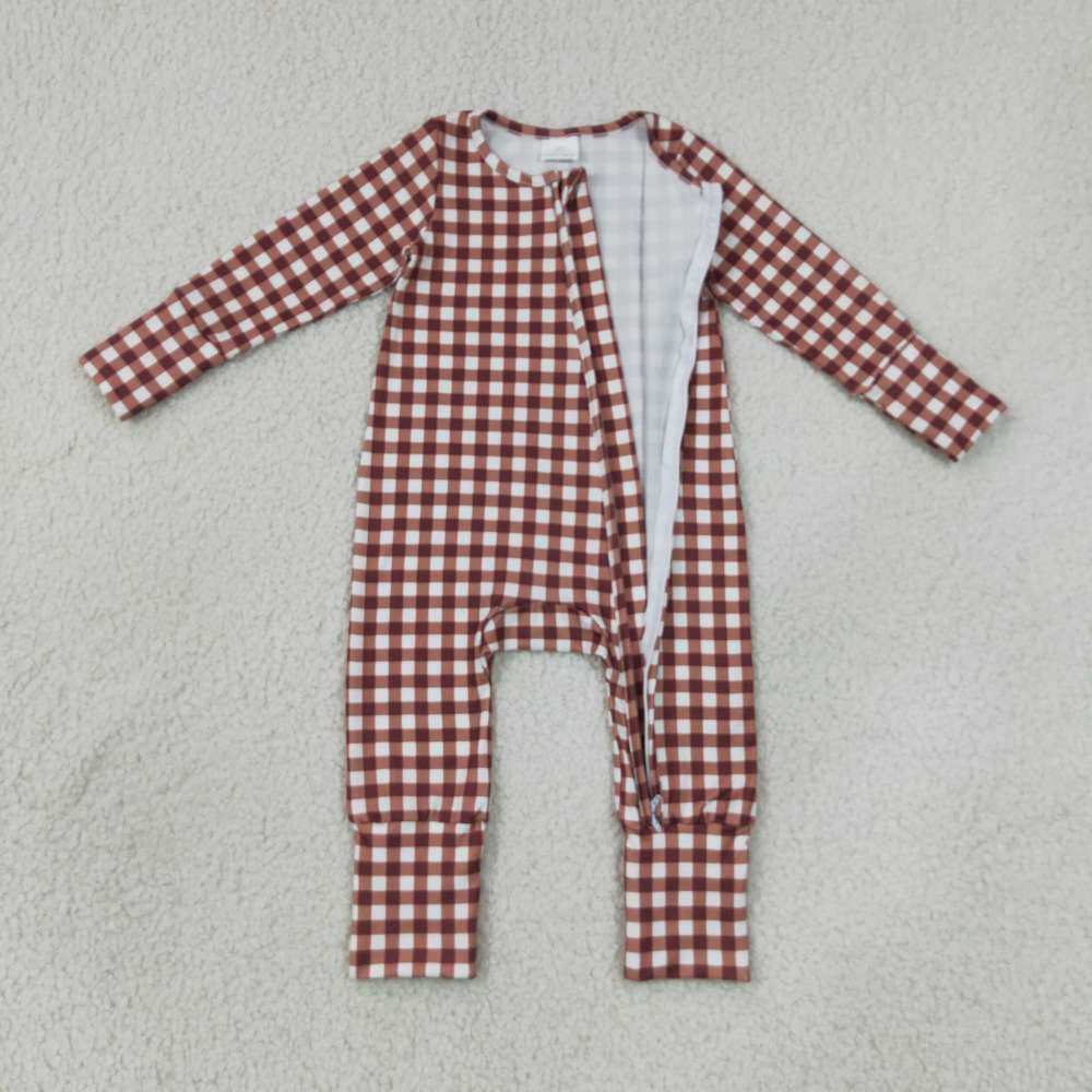 LR3113  Baby brown white plaid  print long sleeve zipper Rompers
