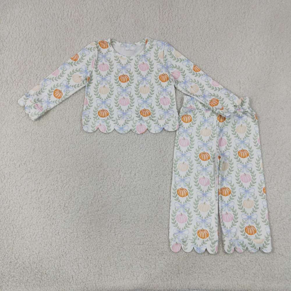 GLP3395 Colorful pumpkin leaves long Sleeve Trousers scallop Set