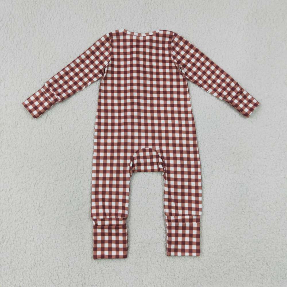 LR3113  Baby brown white plaid  print long sleeve zipper Rompers