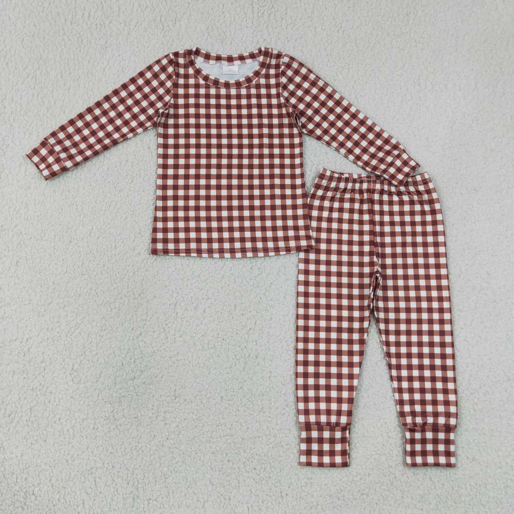 BLP1478  RTS BROWN plaid print long sleeve boy outfits