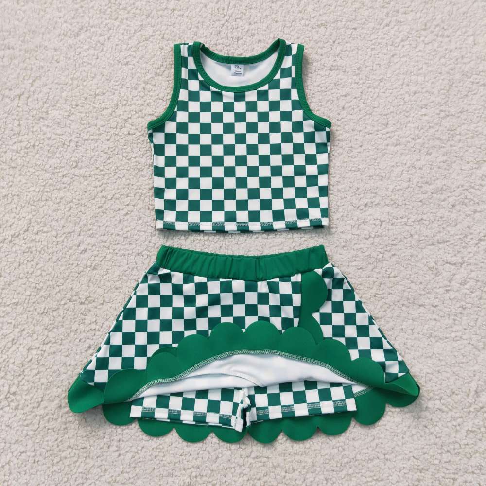 GSD4178 green white plaid print active girl yoga skirt team scallop dress