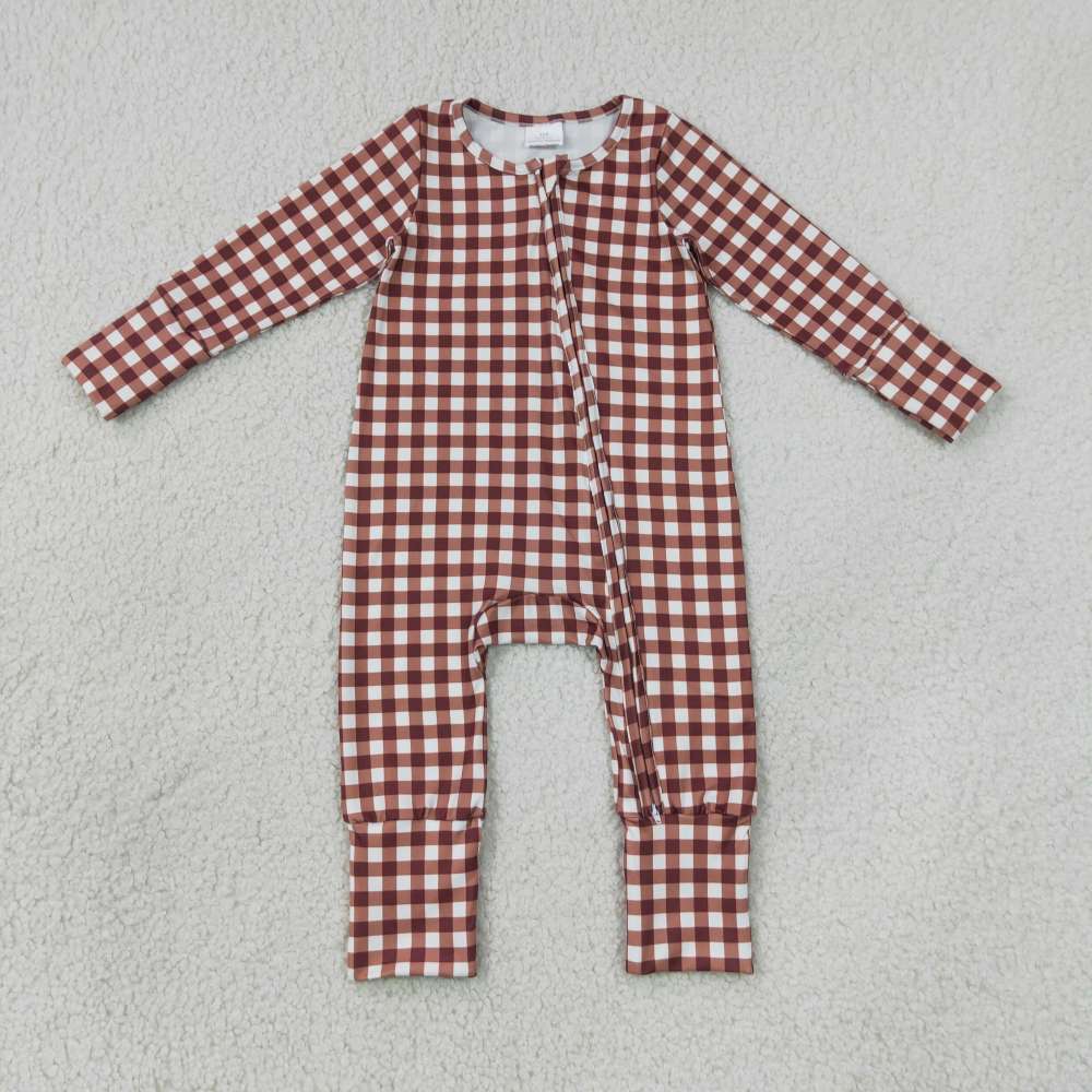 LR3113  Baby brown white plaid  print long sleeve zipper Rompers