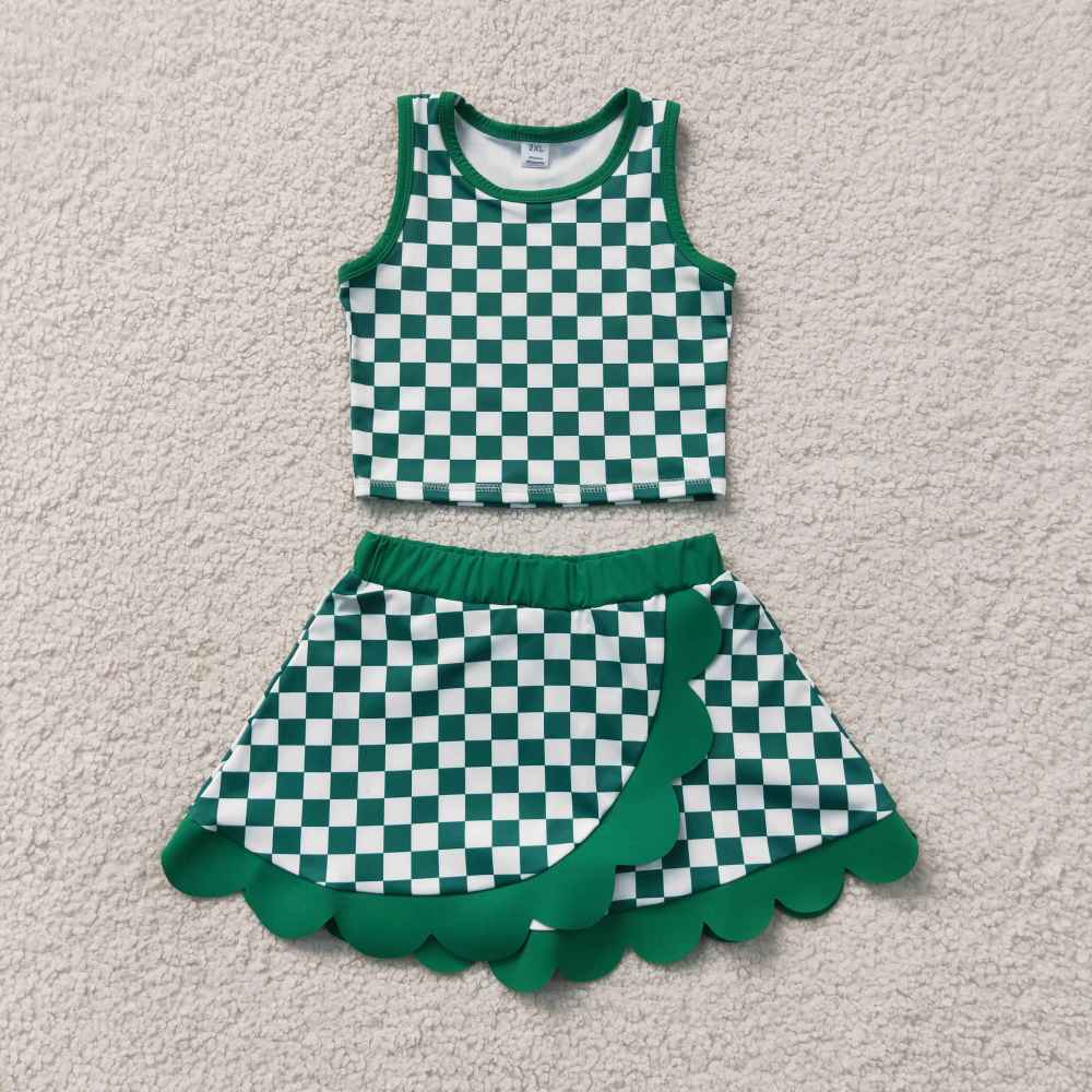 GSD4178 green white plaid print active girl yoga skirt team scallop dress