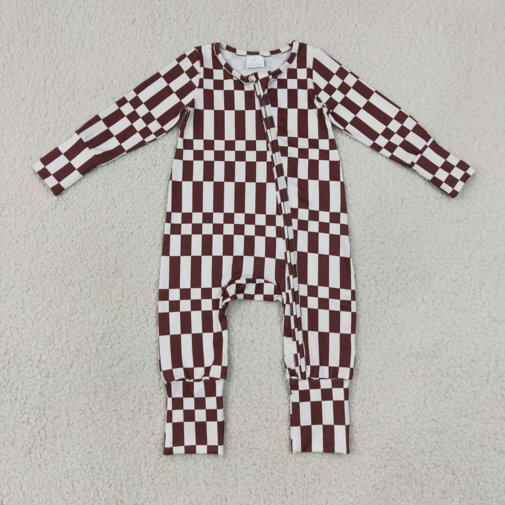 LR3114 Baby brown white plaid  print long sleeve zipper Rompers