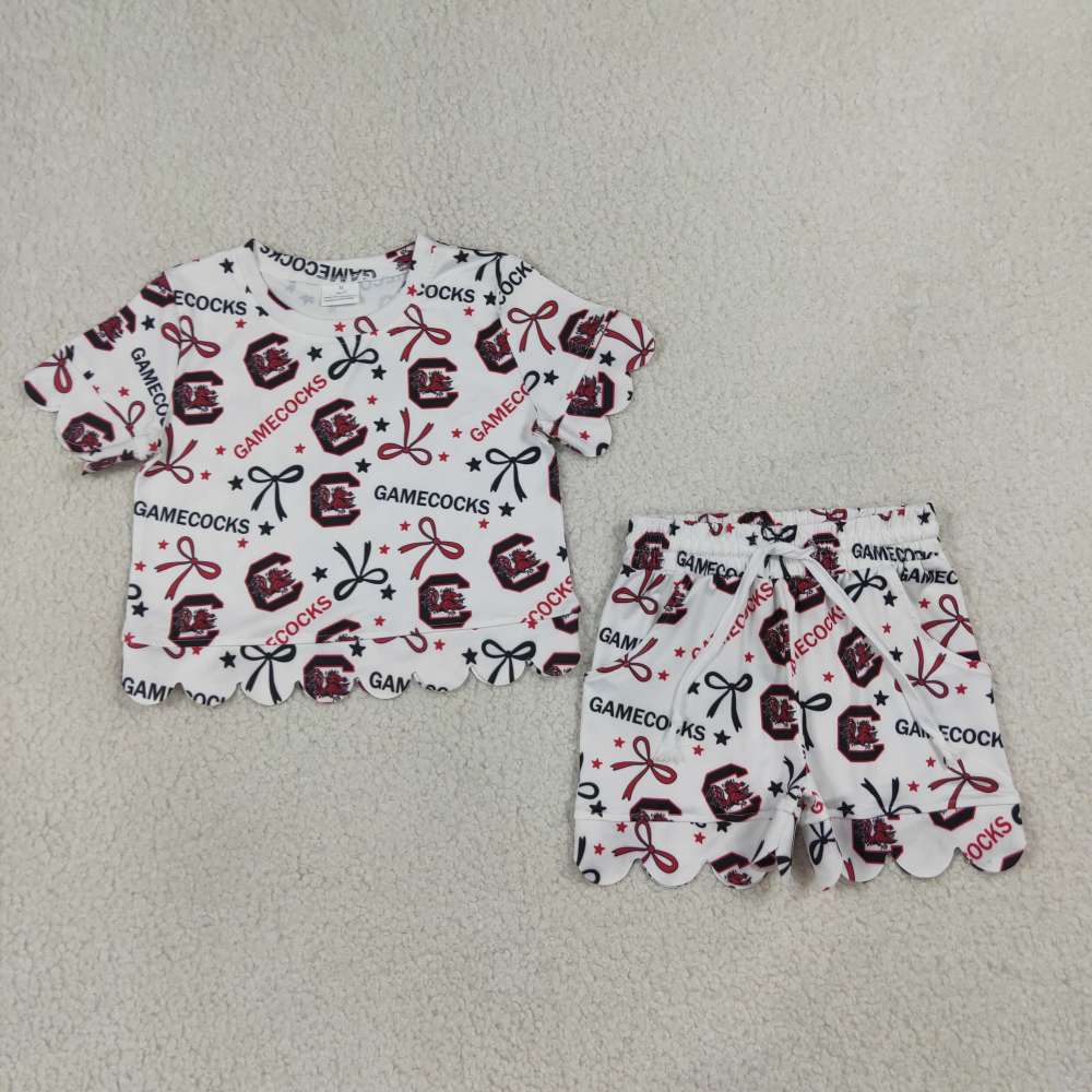 GSSO3641   red black team GAMECOCKS Print Short sleeve girl  SCALLOP  outfits