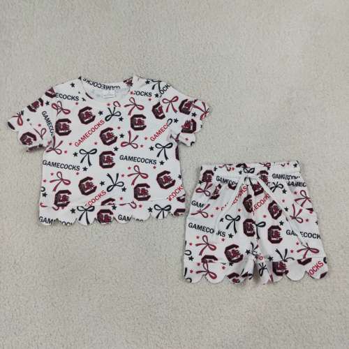GSSO3641   red black team GAMECOCKS Print Short sleeve girl  SCALLOP  outfits