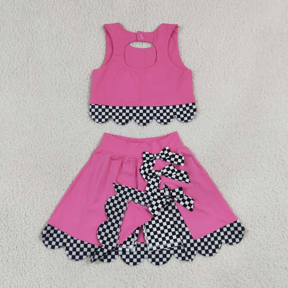 GSD3926 hot pink solid black white plaid bows RTS active girl yoga scallop skirt dress