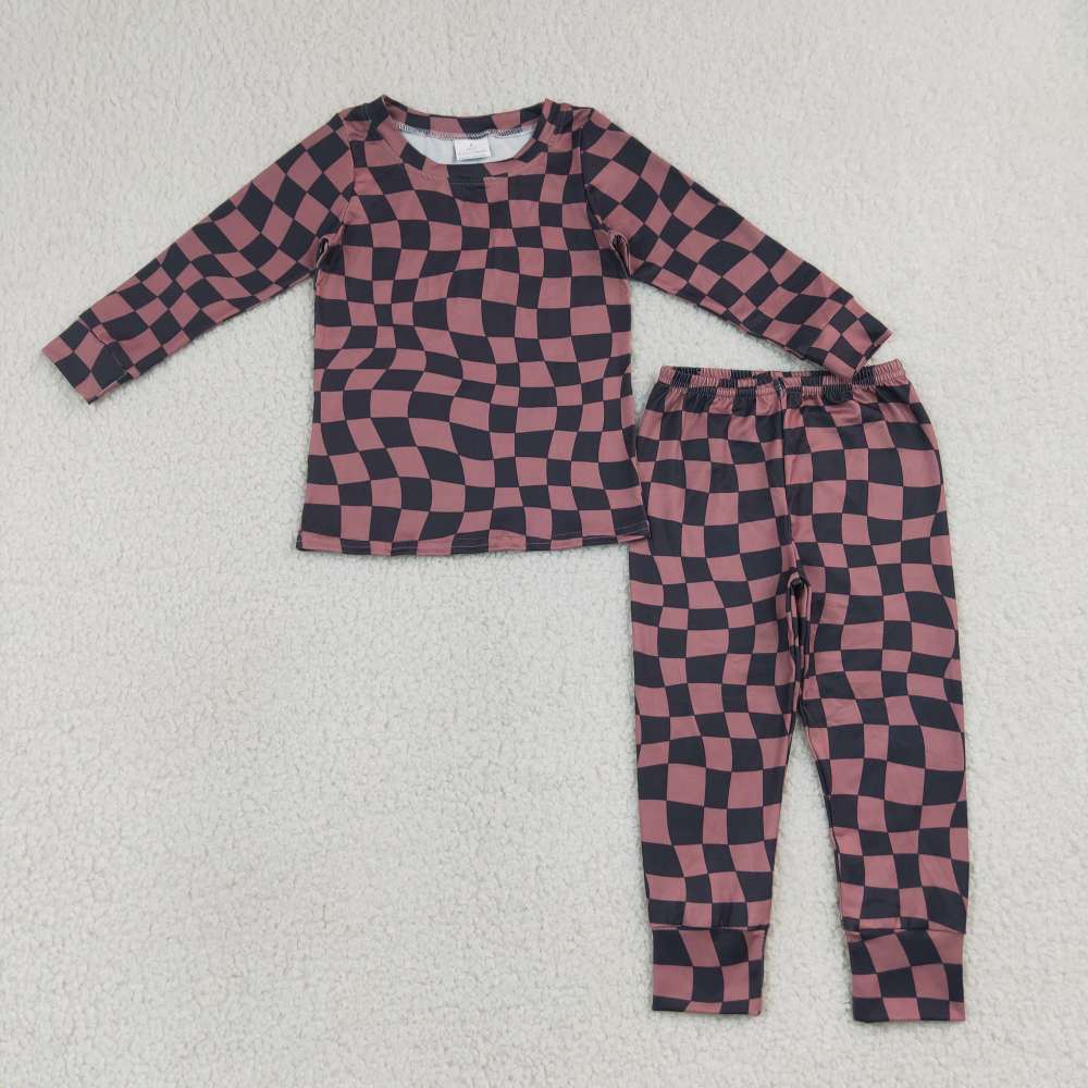 BLP1480  RTS BROWN black plaid print long sleeve boy outfits