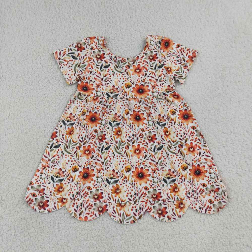 GSD4155 RTS orange flowers  leaves girl summer scallop dress