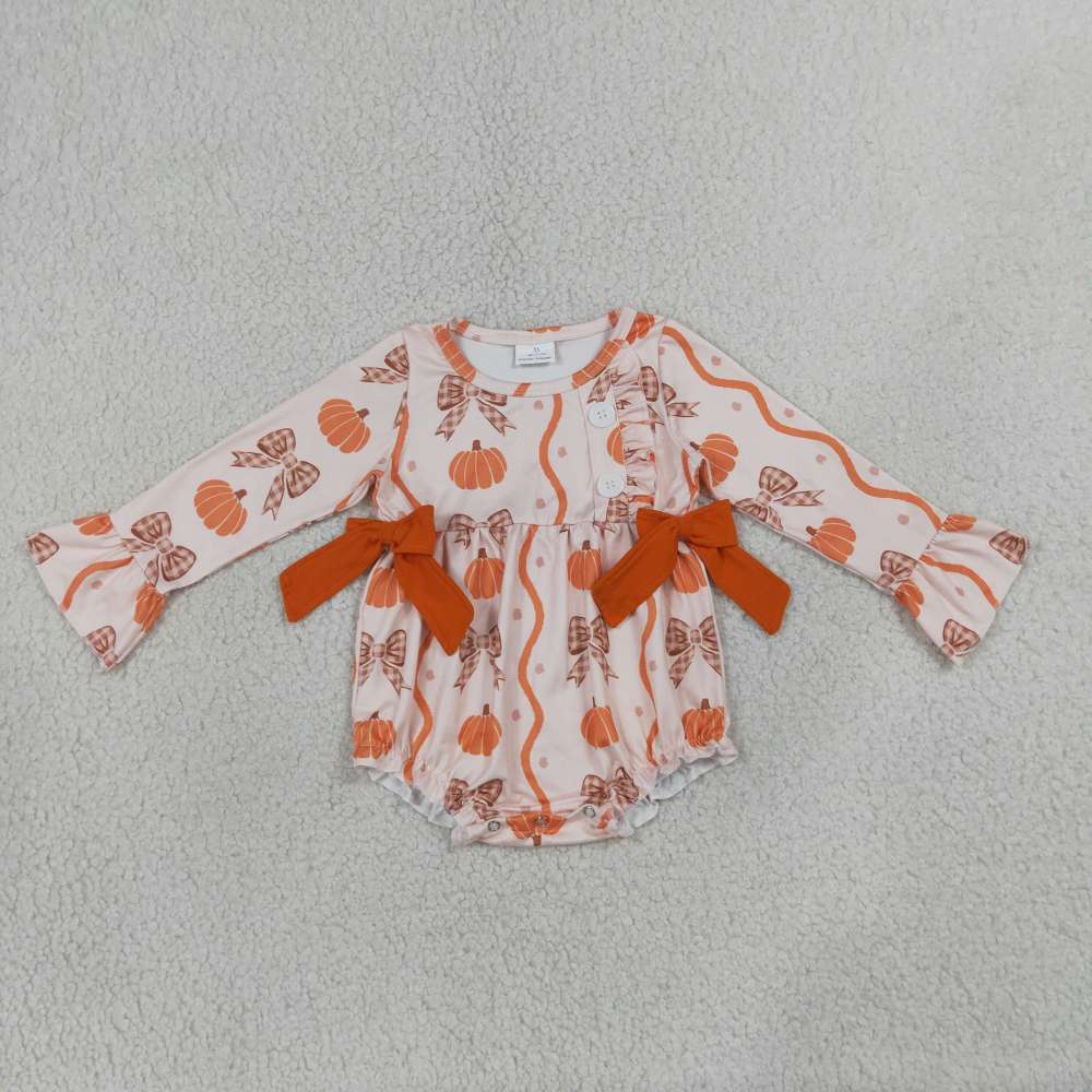 LR3083  Baby Orange pumpkin brown plaid bows long sleeve Rompers