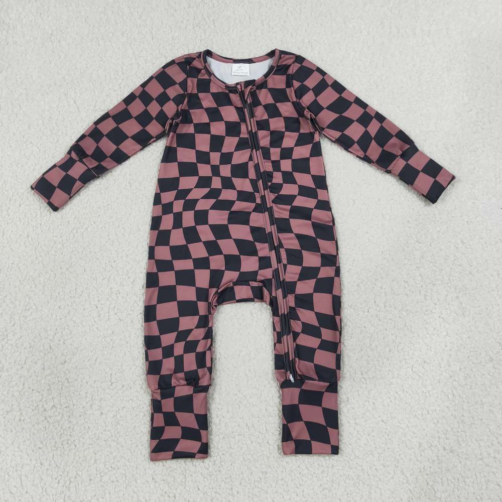 LR3115 Baby  BROWN black plaid print long sleeve Rompers