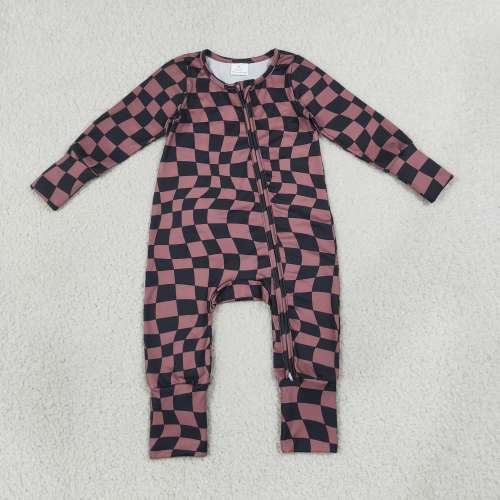 LR3115 Baby  BROWN black plaid print long sleeve Rompers