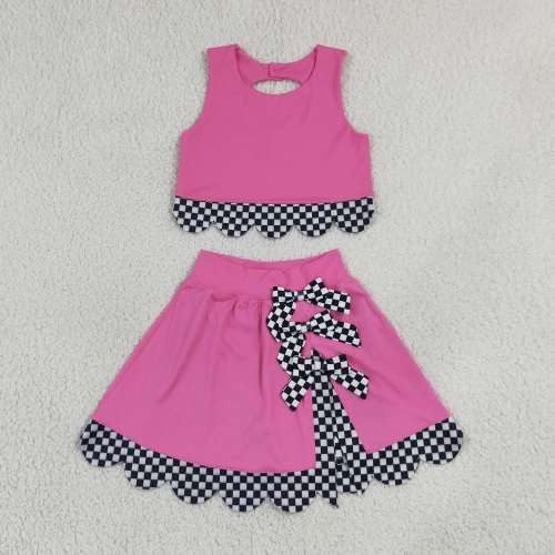 GSD3926 hot pink solid black white plaid bows RTS active girl yoga scallop skirt dress