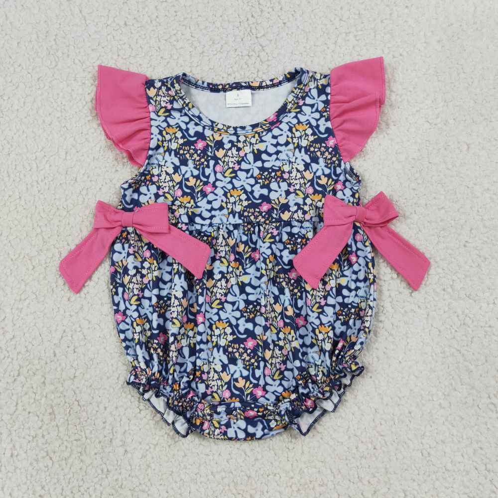 SR4126 Baby Blue flowers leaves flying sleeve summer Rompers