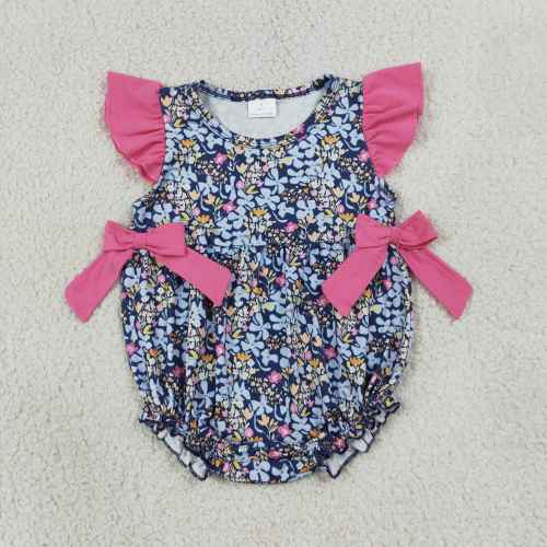 SR4126 Baby Blue flowers leaves flying sleeve summer Rompers