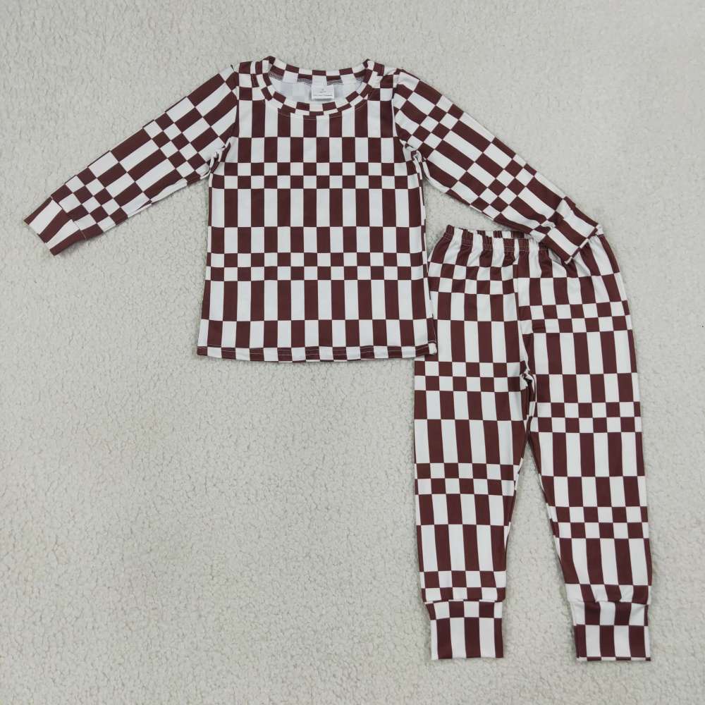 BLP1479  RTS BROWN white plaid print long sleeve boy outfits