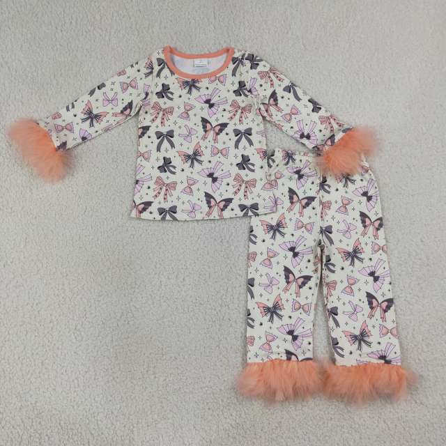 GLP3386 orange fur Halloween skull bows long Sleeve pajamas Set