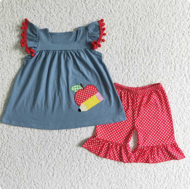 GSSO0120 Girl's Blue Embroidered Apple Pencil Sleeve Red Shorts Suit