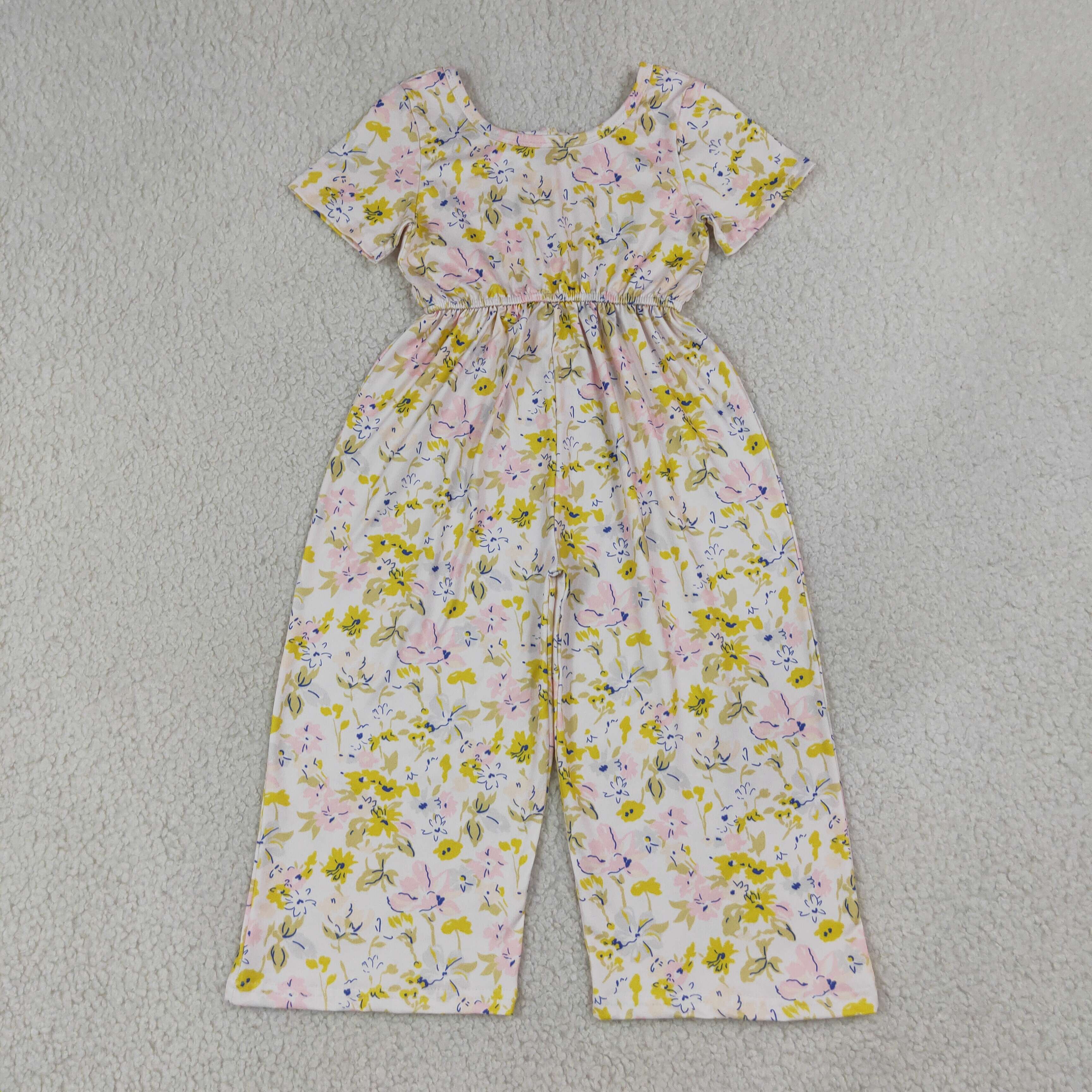 SR4196 yellow Flowers Leaves print short sleeve baby girl  jumpsuit