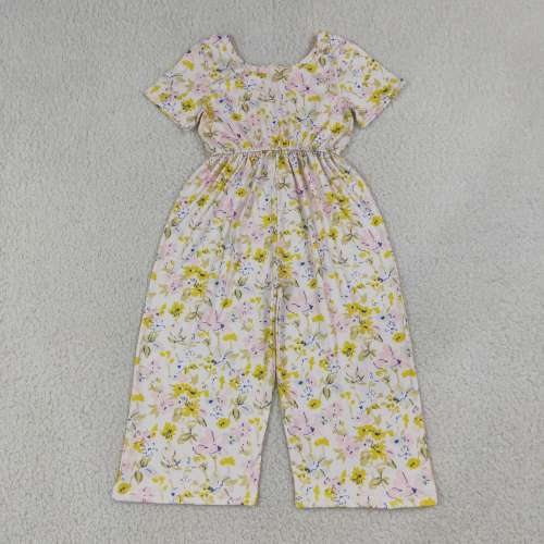 SR4196 yellow Flowers Leaves print short sleeve baby girl  jumpsuit