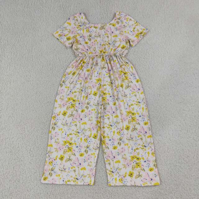 SR4196 yellow Flowers Leaves print short sleeve baby girl  jumpsuit