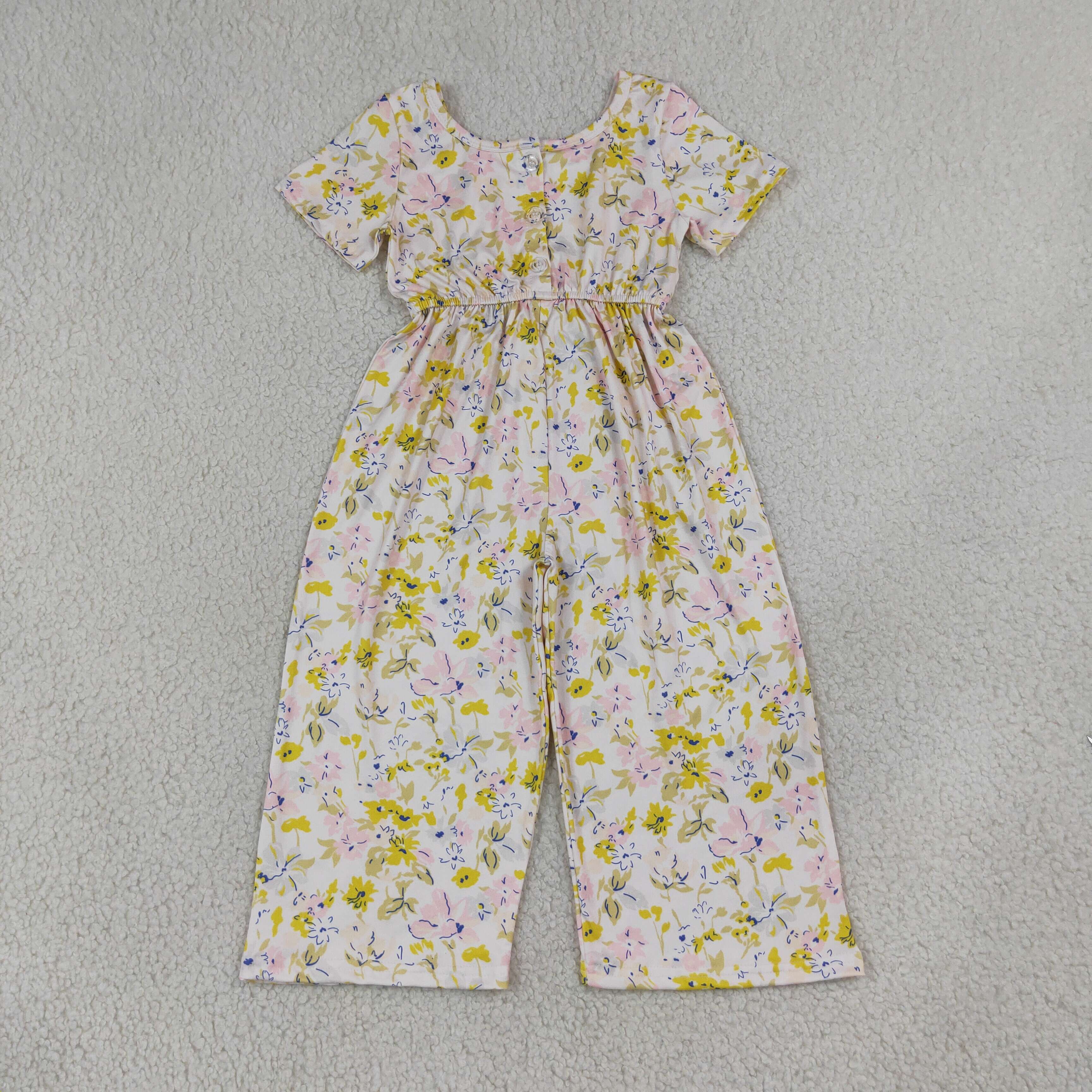 SR4196 yellow Flowers Leaves print short sleeve baby girl  jumpsuit