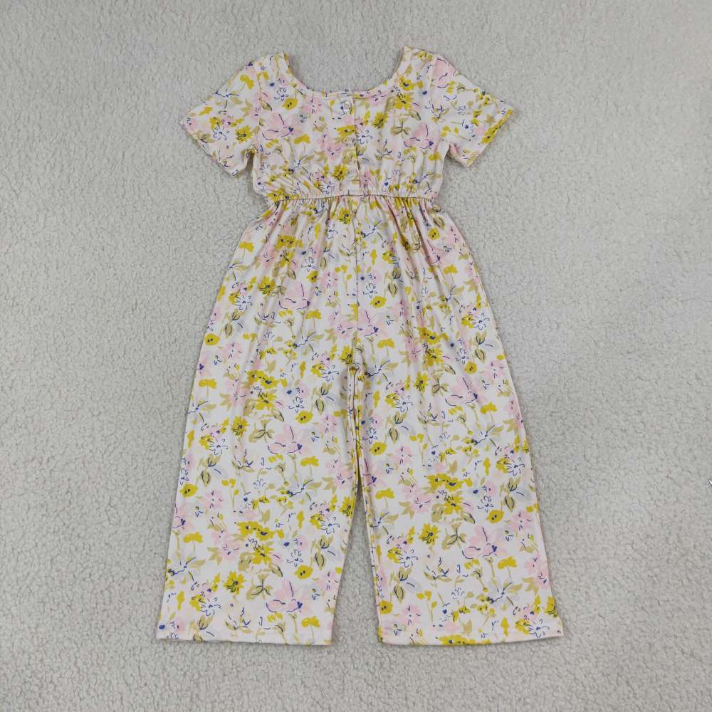 SR4196 yellow Flowers Leaves print short sleeve baby girl  jumpsuit
