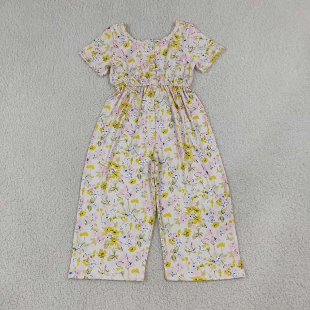 SR4196 yellow Flowers Leaves print short sleeve baby girl  jumpsuit