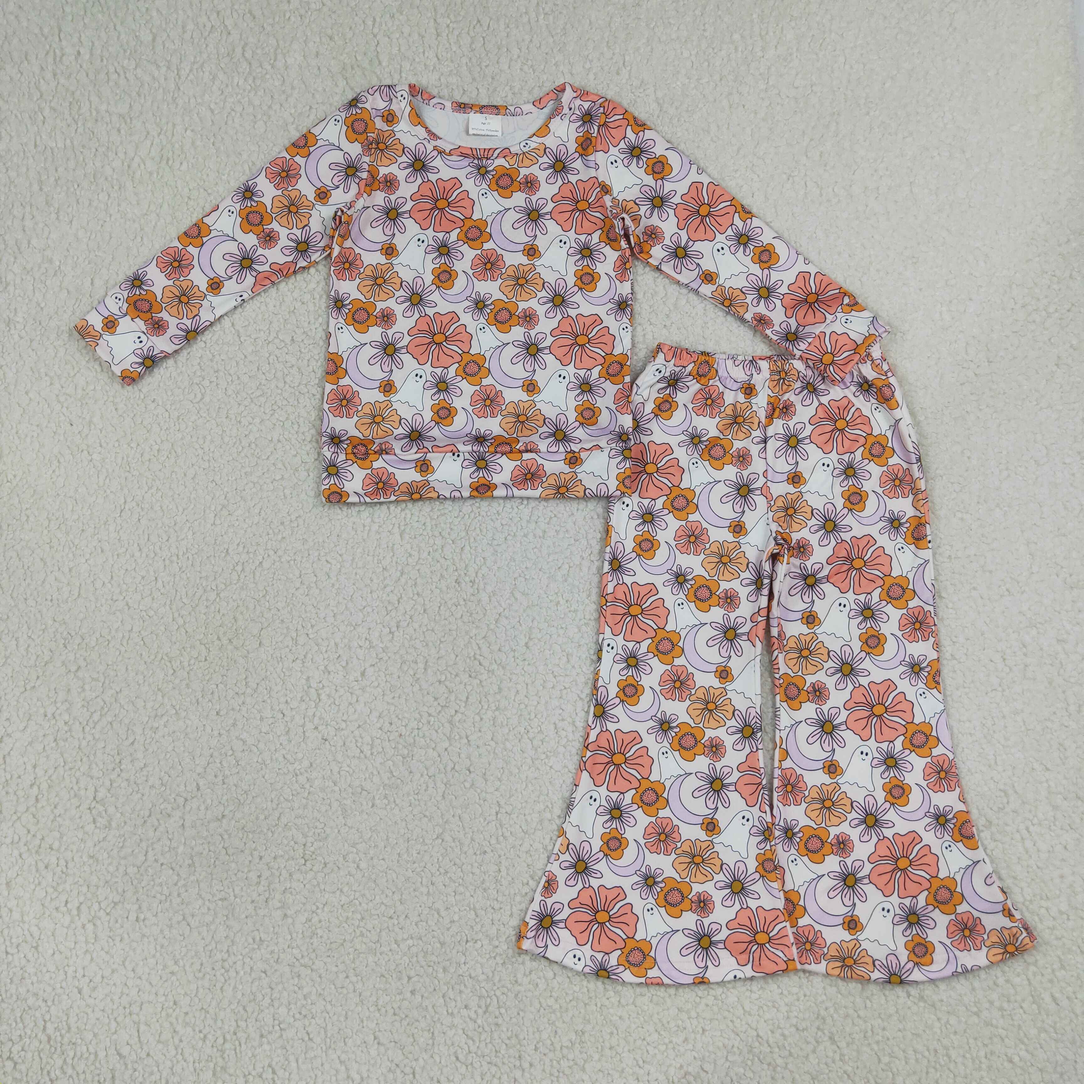 GLP3404 Halloween orange Flowers ghost moon Print long  sleeve girl outfits