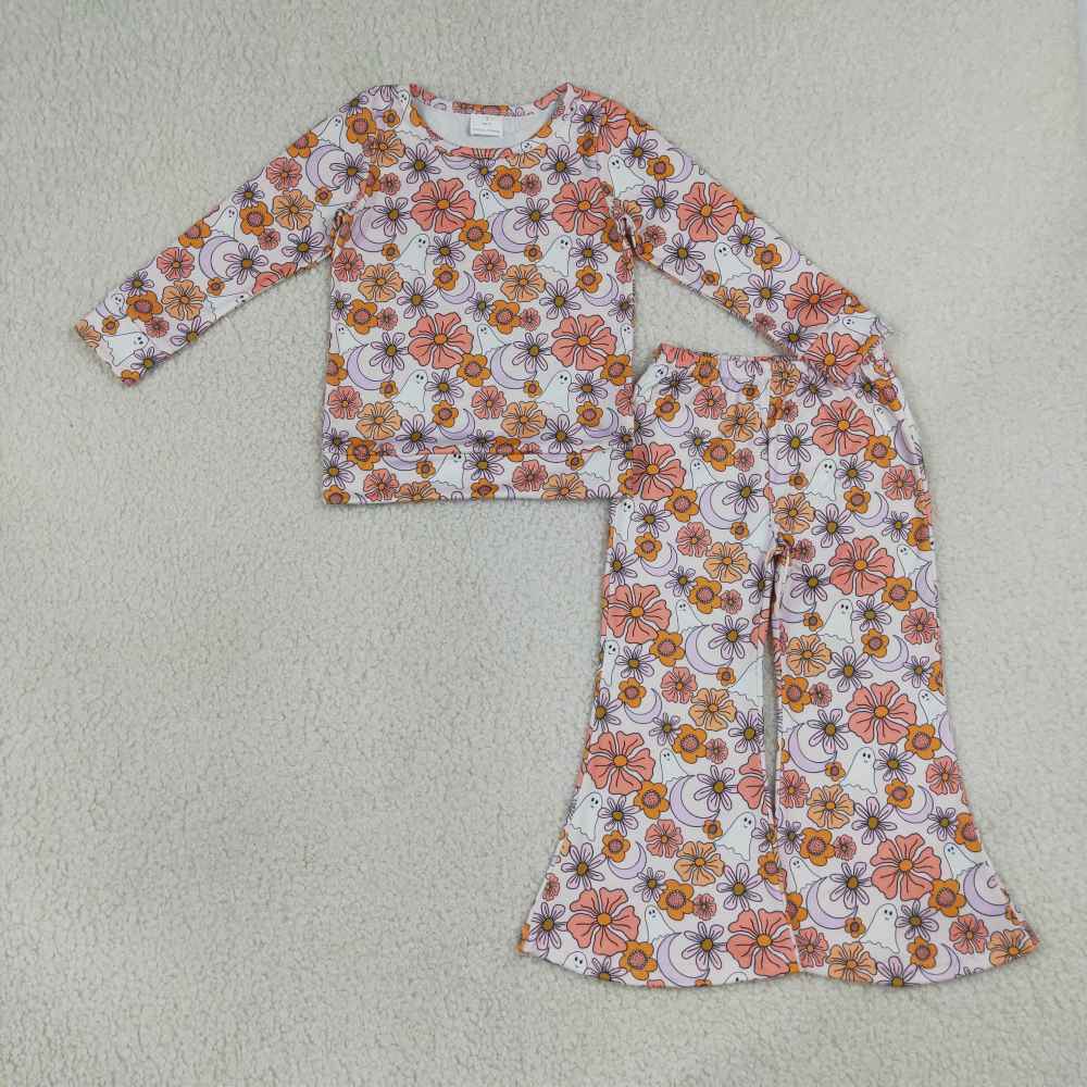 GLP3404 Halloween orange Flowers ghost moon Print long  sleeve girl outfits
