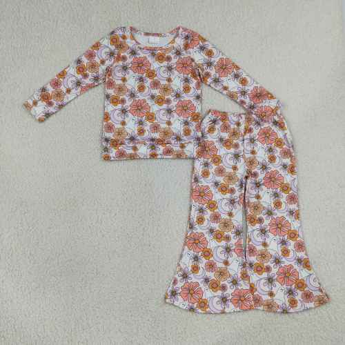 GLP3404 Halloween orange Flowers ghost moon Print long  sleeve girl outfits