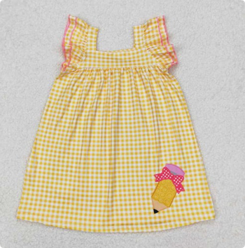 GSD2012 Back to School Bow Pencil Yellow Plaid Lace Flutter Sleeve Dress