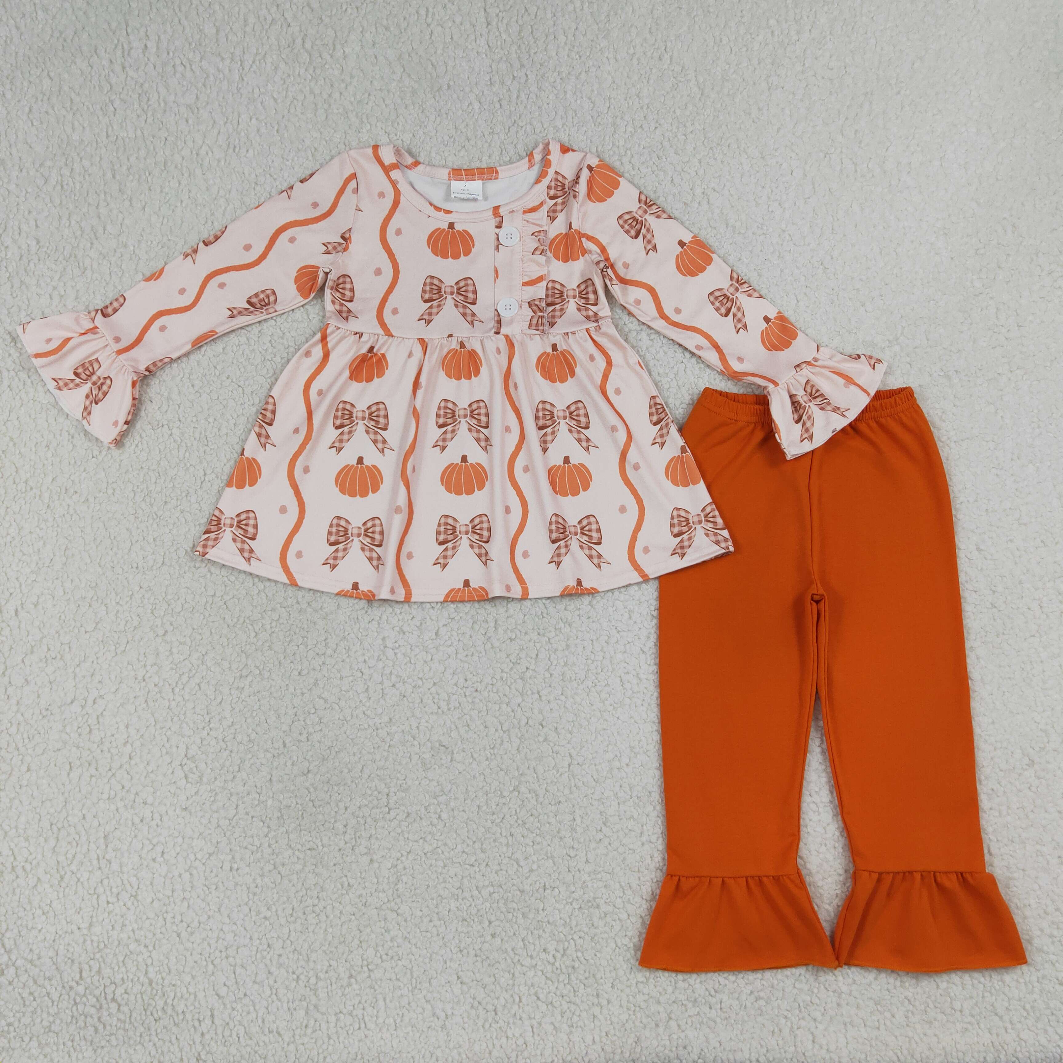 GLP3396  orange pumpkin Brown plaid bows Print long  sleeve girl outfits
