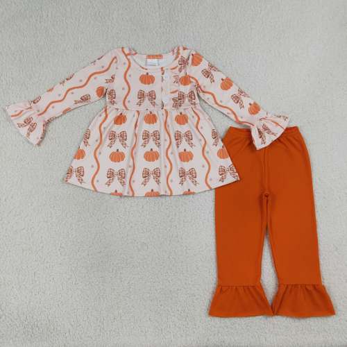 GLP3396  orange pumpkin Brown plaid bows Print long  sleeve girl outfits