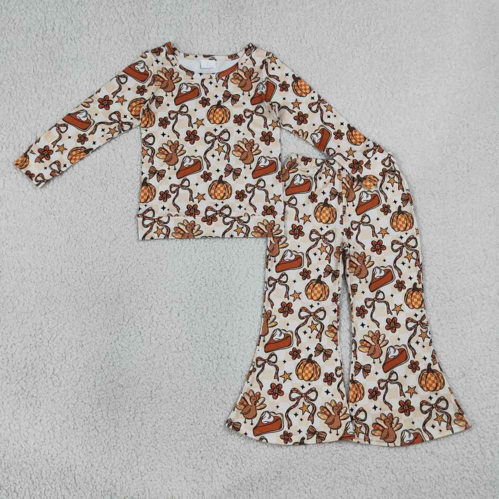 GLP3420 Orange Turkey pumpkin bows Print thanksgiving long  sleeve girl outfits