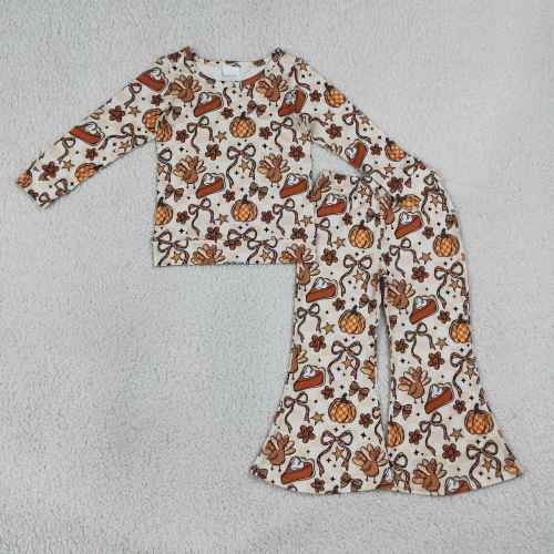 GLP3420 Orange Turkey pumpkin bows Print thanksgiving long  sleeve girl outfits
