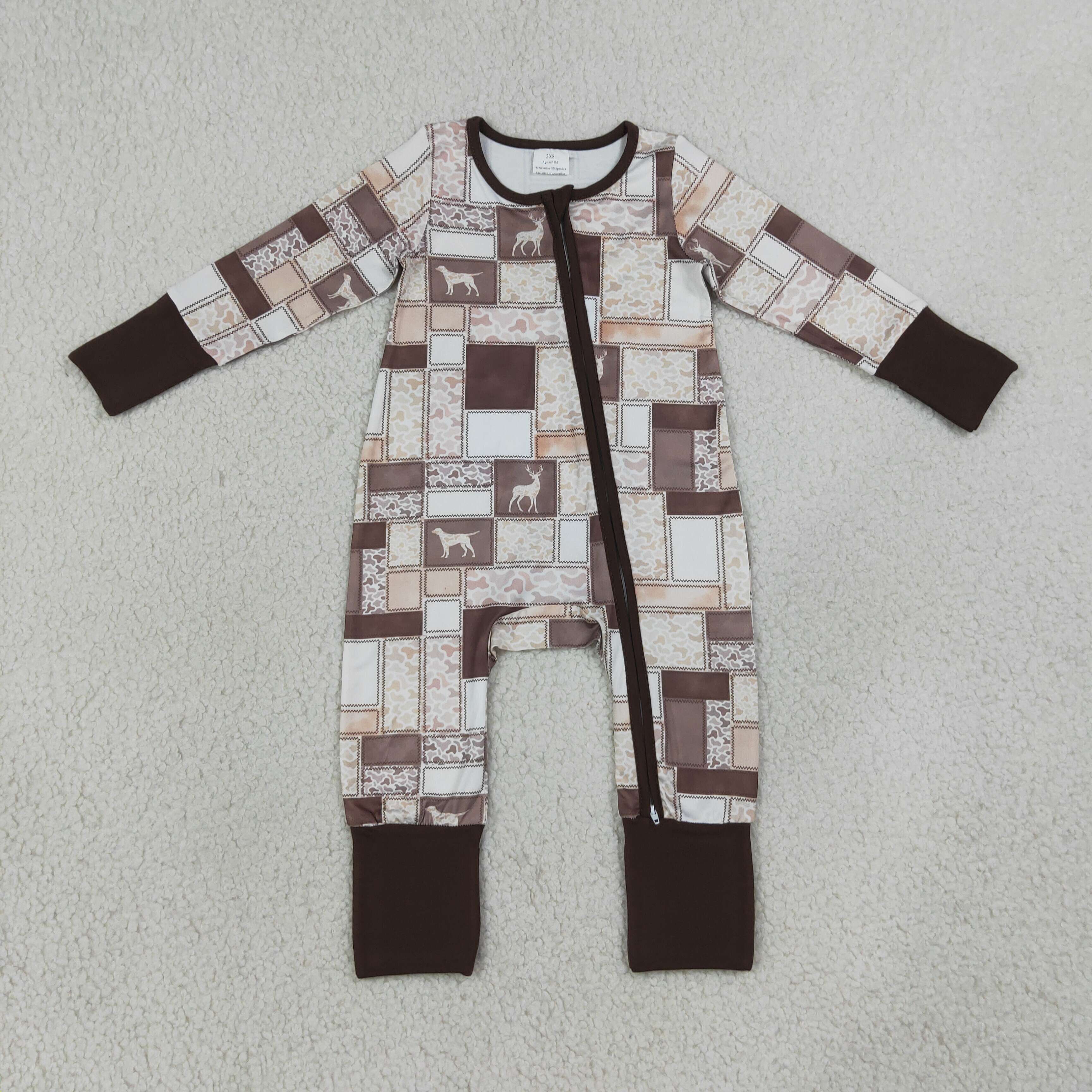 LR3118 Baby  BROWN Deer puppy duck  print long sleeve Rompers
