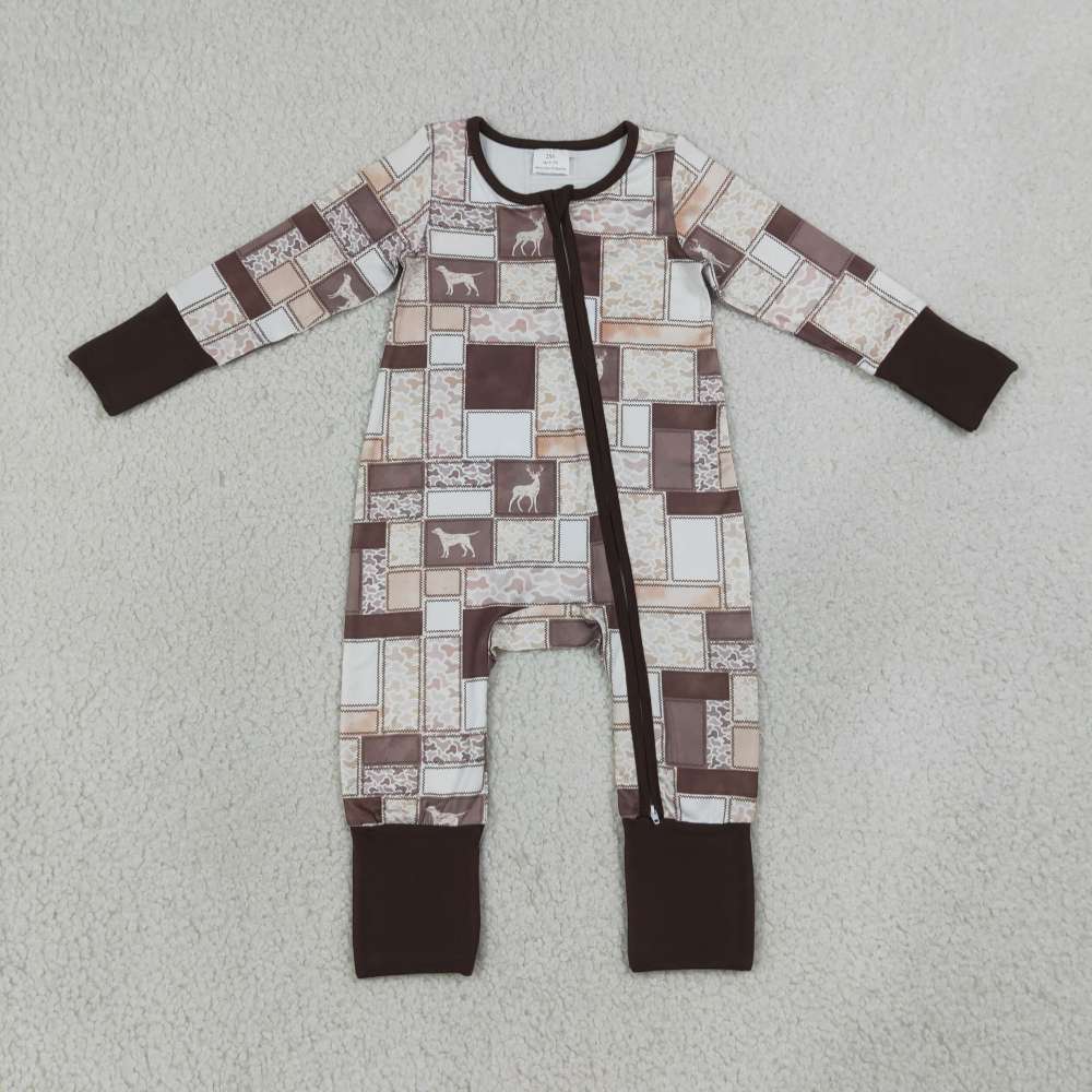 LR3118 Baby  BROWN Deer puppy duck  print long sleeve Rompers