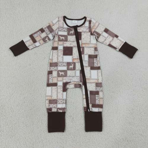 LR3118 Baby  BROWN Deer puppy duck  print long sleeve Rompers