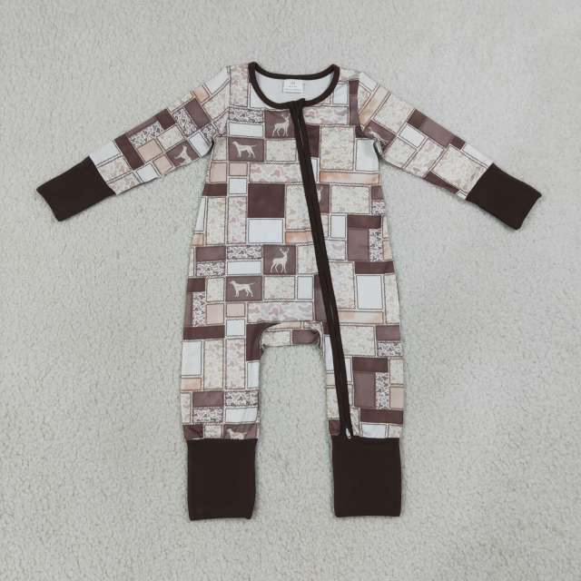 LR3118 Baby  BROWN Deer puppy duck  print long sleeve Rompers