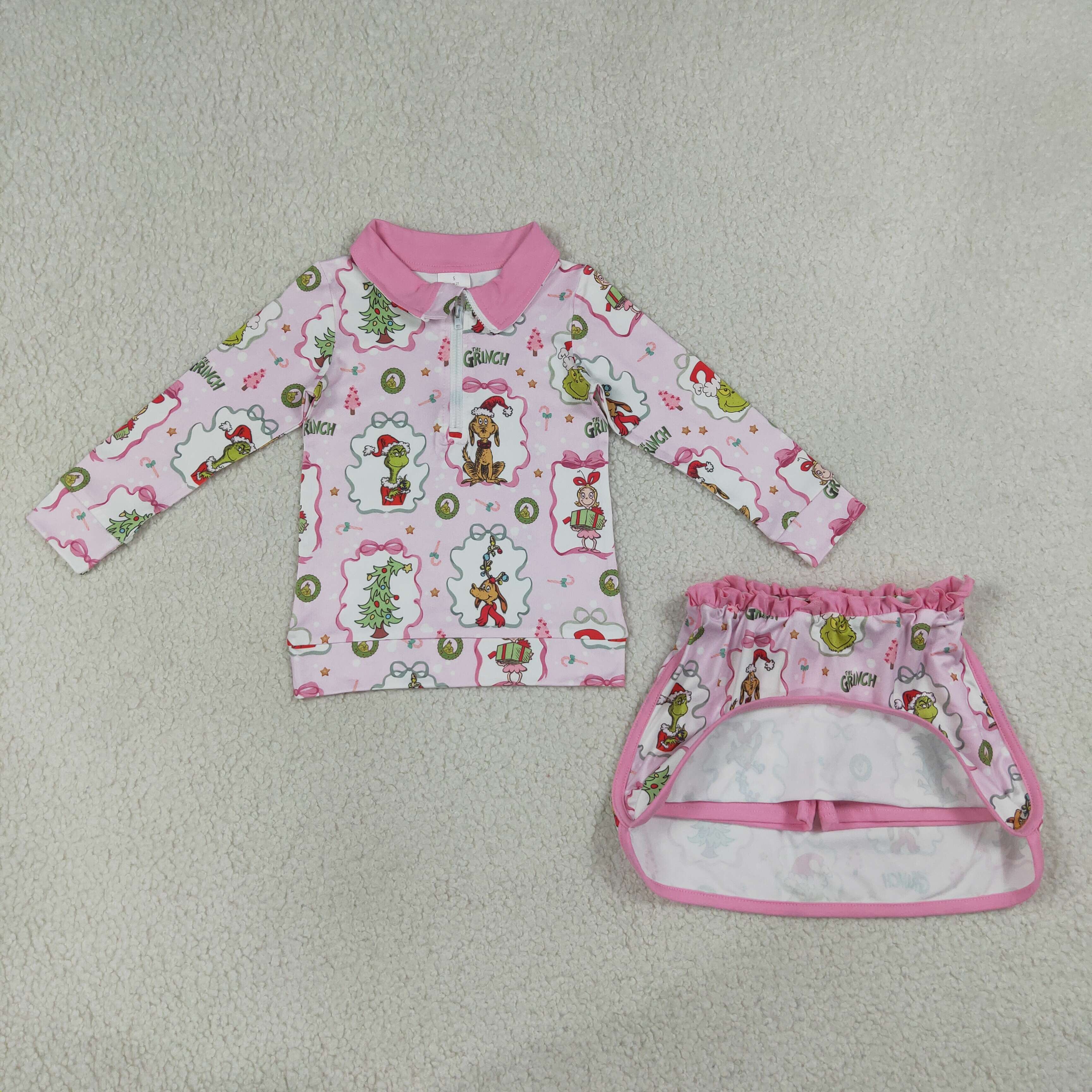 GLD1609 pink Christmas tree print Zipper Long Sleeve Skirt Set