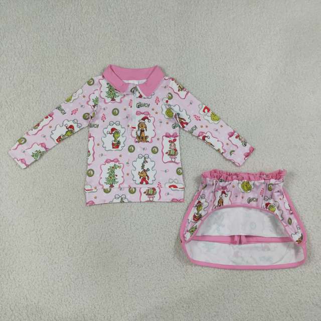 GLD1607  Gingerbear flowers bows Zipper Long Sleeve Skirt Set